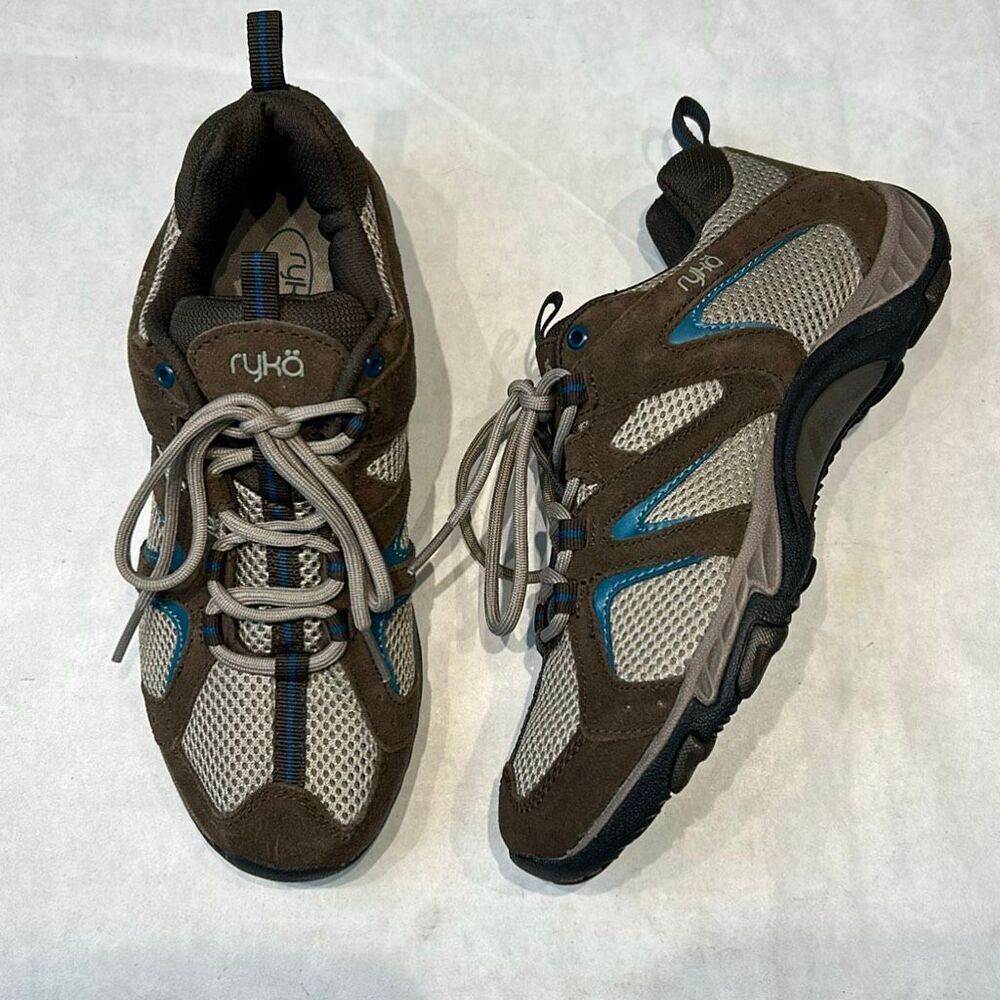 Ryka Mesh Hiking Shoe Womens Sz 7 Brown Tan Blue Lace Up Nitracel Low Top Walkin